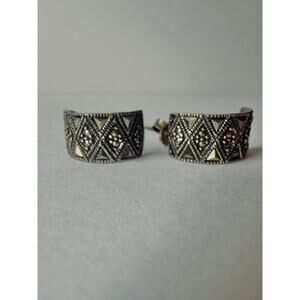 Vintage Sterling Silver Marcasite Hoop Earrings Art Deco Geometric Goth Moody